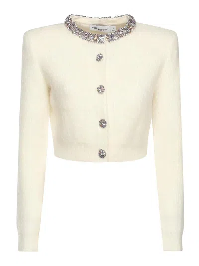 Self-portrait Rhinestone Cardigan In White