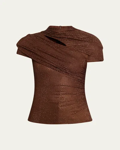 Self-portrait Rhinestone Cutout Mesh Top In Brown