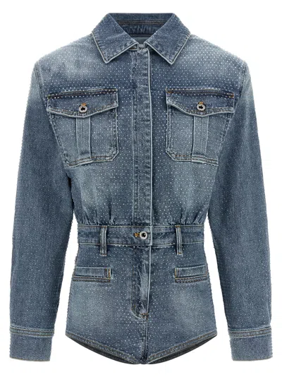 Self-portrait Rhinestone Denim Jumpsuit In Blue