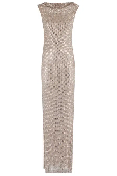 Self-portrait Rhinestone Drape Maxi Dress In Metallic