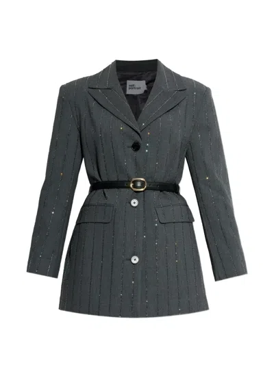 Self-portrait Rhinestone-embellished Belted Blazer In Gray