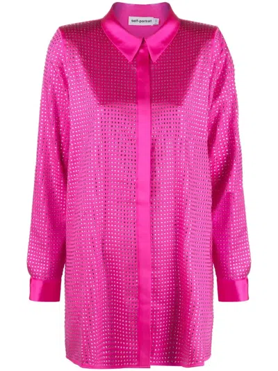 Self-portrait Self Portrait Satin Shirt With Rhinestones In Pink