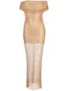tan rhinestone off shoulder fishnet maxi dress Self Portrait Tan Rhinestone Off Shoulder Fishnet Maxi