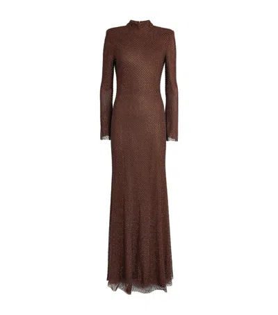 Self-portrait Rhinestone-embellished Mesh Maxi Dress In Brown