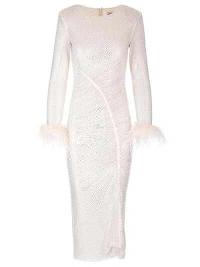 Self-portrait Crystal Mesh Feather-trimmed Midi Dress In Beige