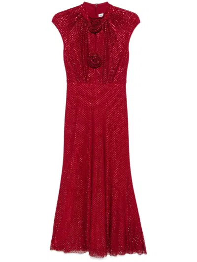 Self-portrait Rhinestone Fishnet Midi Dress In Red