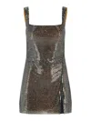 Self-portrait Gunmetal Grey Dress With Thin Straps And All-over Rhinestone Application In Tech Fabric Woman In Gray