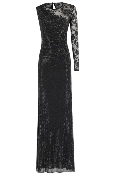 Self-portrait Rhinestone Lace Sleeve Maxi Dress With Draped Front And Side Slit In Black