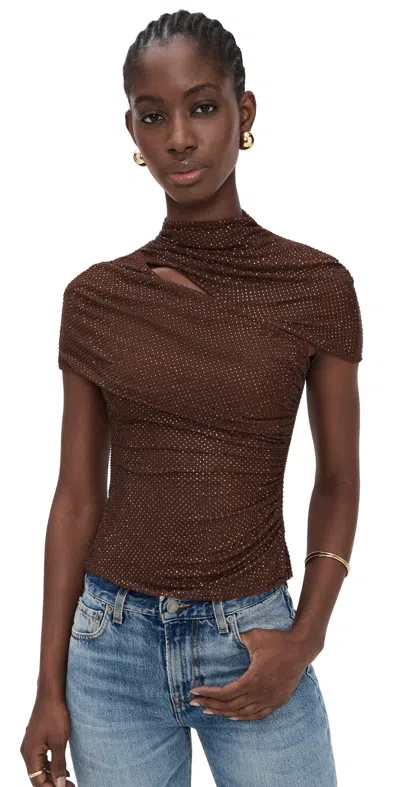 Self-portrait Gathered Cutout Crystal-embellished Mesh Top In Brown