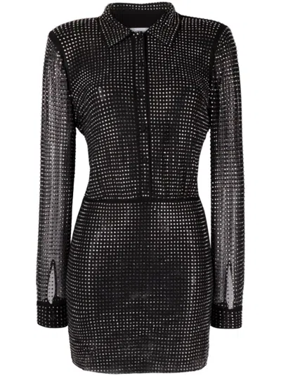 Self-portrait Rhinestone Mini Shirt Dress In Black