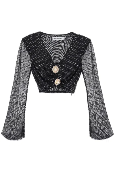 Self-portrait Rhinestone-studded Cropped Top With Diamanté Brooches In Nero