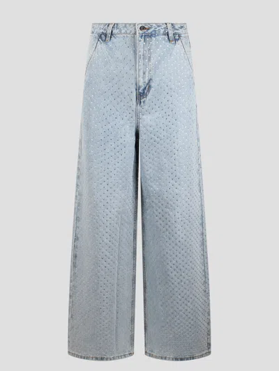 Self-portrait Rhinestone Wide Leg Jeans In Blue