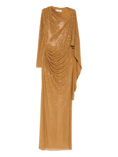 Self-portrait Rhinestoned Draped Maxi Dress In Gold