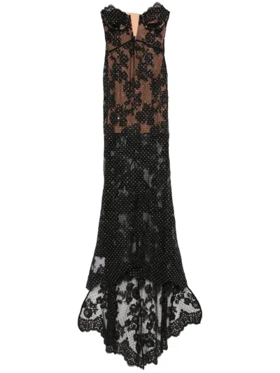 Self-portrait Rhinestoned Lace Maxi Dress In Black