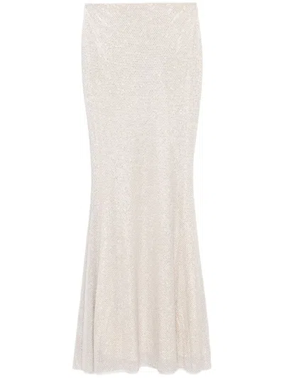 Self-portrait Rhinestoned Mesh Maxi Skirt In Silver
