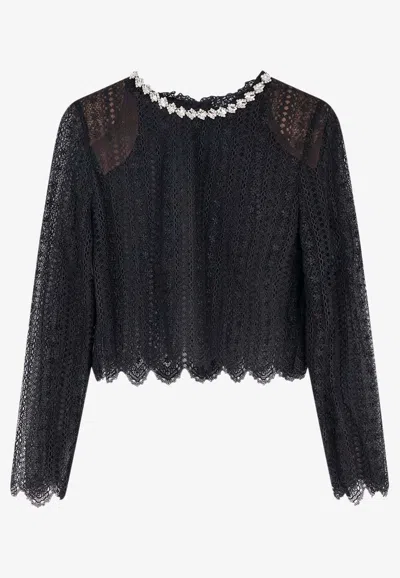 Self-portrait Rhinestones-embellished Long-sleeved Top In Black