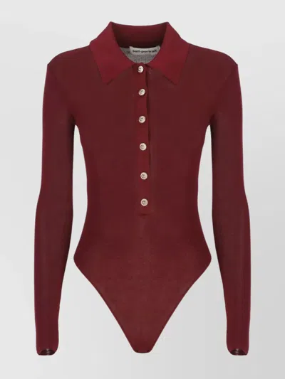 SELF-PORTRAIT RIBBED BORDEAUX COLLARED NECK LONG SLEEVES TOP