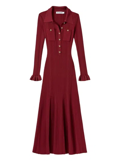 Self-portrait Button-embellished Ribbed-knit Midi Dress In Burgundy