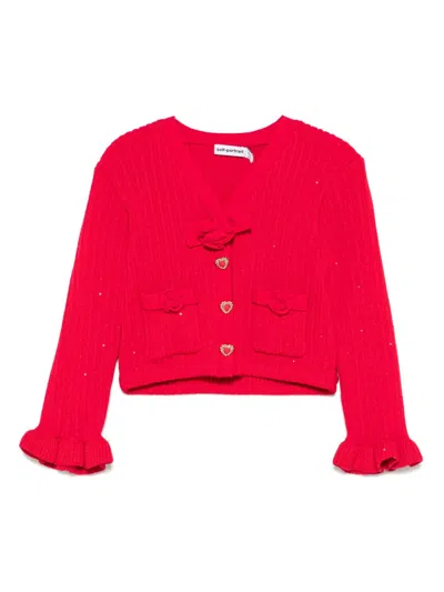 Self-portrait Kids' Ribbed-knit Cardigan In Red