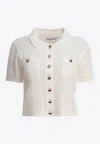 Self-portrait Ribbed Knit Cropped Polo Top In White