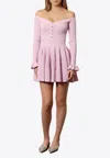 Self-portrait Jeweled Button Off-shoulder Pleated V-neck Dress In Pink