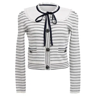 Self-portrait Ribbed-knit Metallic Striped Cardigan In White Cotton
