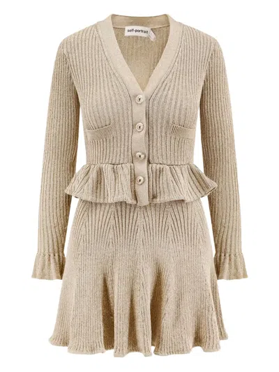Self-portrait Ribbed-knit Mini Dress In Neutral