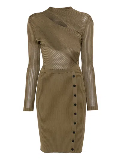 Self-portrait Ribbed Knit Mini Dress With Cut-outs In Khaki