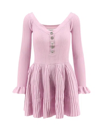 Self-portrait Ribbed Knit Mini Dress With Jewel Buttons In Pink