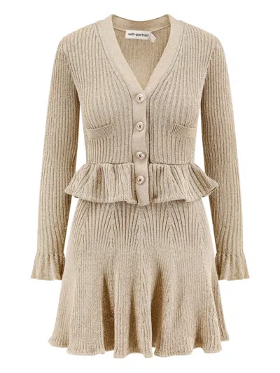 Self-portrait Ribbed-knit Ruffled Mini Dress In Neutral