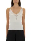 Self-portrait Lace Trim Rib Knit Viscose Blend Top In White