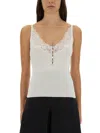 Self-portrait Lace Trim Rib Knit Viscose Blend Top In White