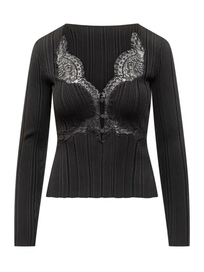 Self-portrait Ribbed Knit With Lace Inserts In Black