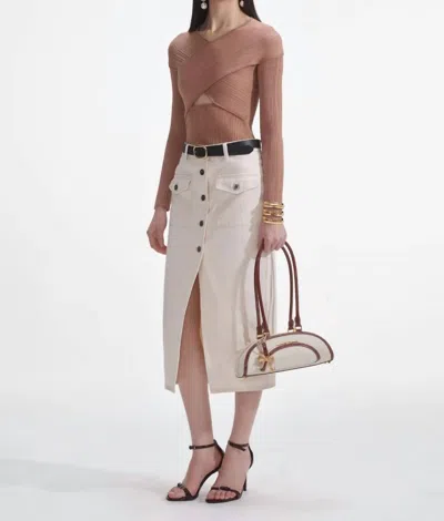 Self-portrait Ribbed Knit Wrap Top In Beige In Brown