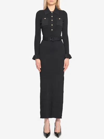 Self-portrait Ribbed-knit Belted Maxi Dress In Black