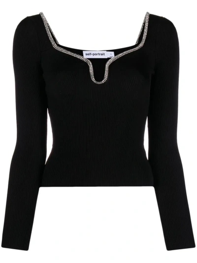 Self-portrait Ribbed Jumper With Decoration In Black