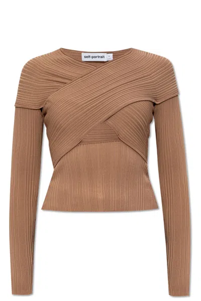 Self-portrait Self Portrait Ribbed Top With Long Sleeves In Beige