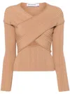 Self-portrait Self Portrait Beige Ribbed Knit Wrap Top In Braun