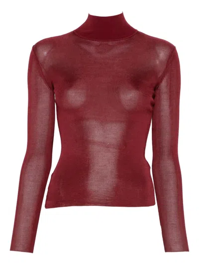 Self-portrait Roll-neck Long-sleeve Top In Burgundy