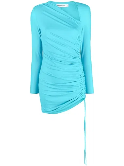 Self-portrait Ruched Asymmetric Minidress In Blue