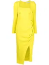 Self-portrait Yellow Crepe Ruched Midi Dress In Green