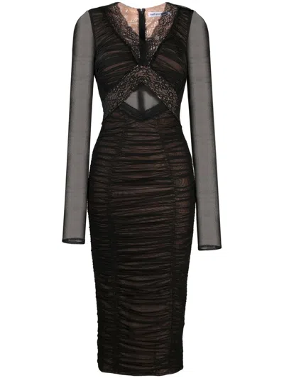 Self-portrait Ruched Lace-trim Dress In Black