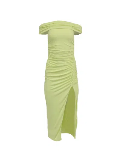Pre-owned Self-portrait Ruched Off-shoulder Midi Dress In Green