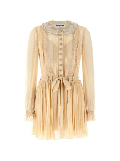 Self-portrait Mini Georgette Dress With Pleating And Embroidery In Brown