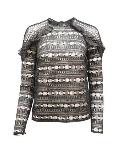 Self-portrait Ruffled Lace Long-sleeve Top In Black Polyester In Grey