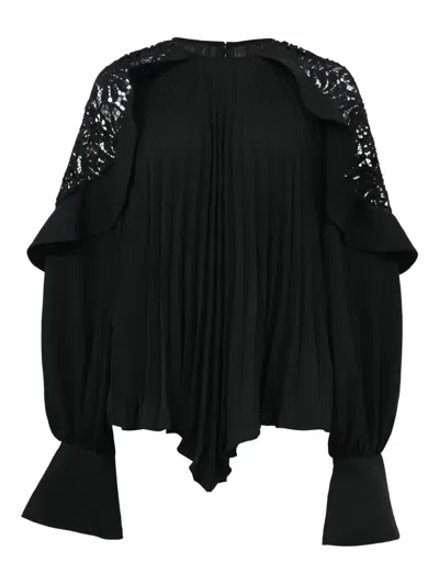 Pre-owned Self-portrait Ruffled Lace-trimmed Blouse In Black