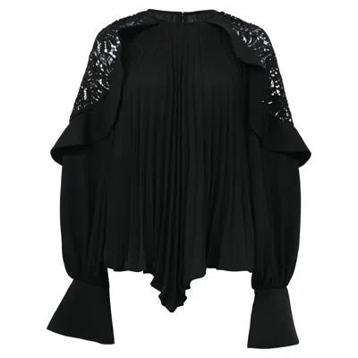 Self-portrait Ruffled Lace-trimmed Blouse In Black Polyester