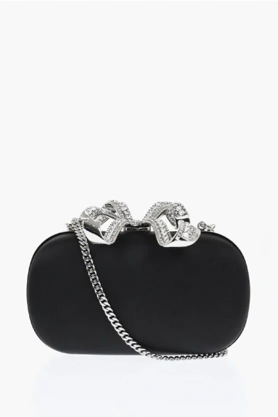 Self-portrait Satin Bow Rigid Clutch With Rhinestones In Black