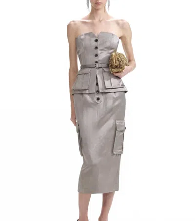Self-portrait Satin Cargo Midi Skirt In Taupe In Gray