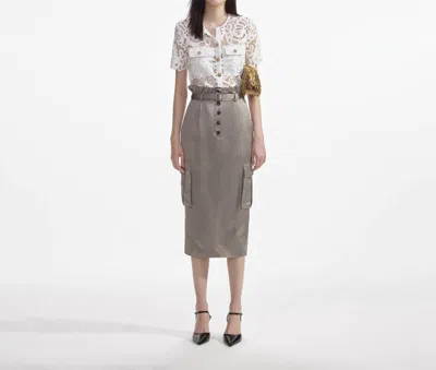 SELF-PORTRAIT SATIN CARGO MIDI SKIRT TAUPE IN BEIGE